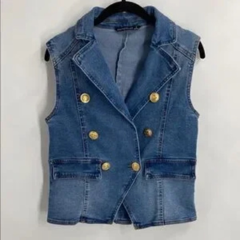 Dictionary Denim Jean Stretch Waistcoat Gold Button Up Vest, Medium